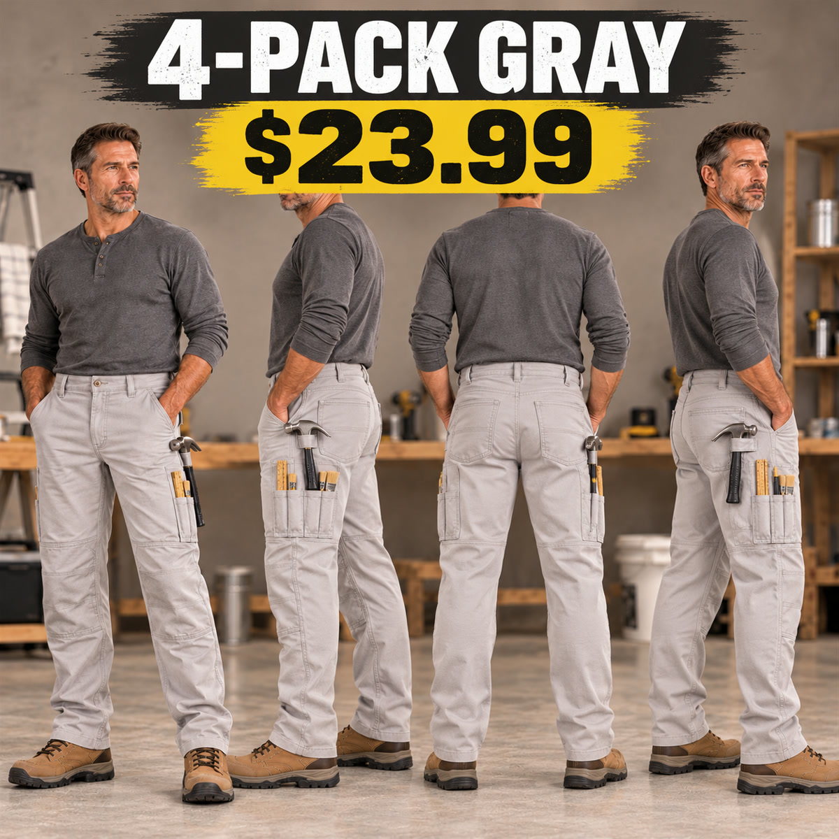 4-Pack - Gray Men's Painter & Maintenance Work Pants Multipacks