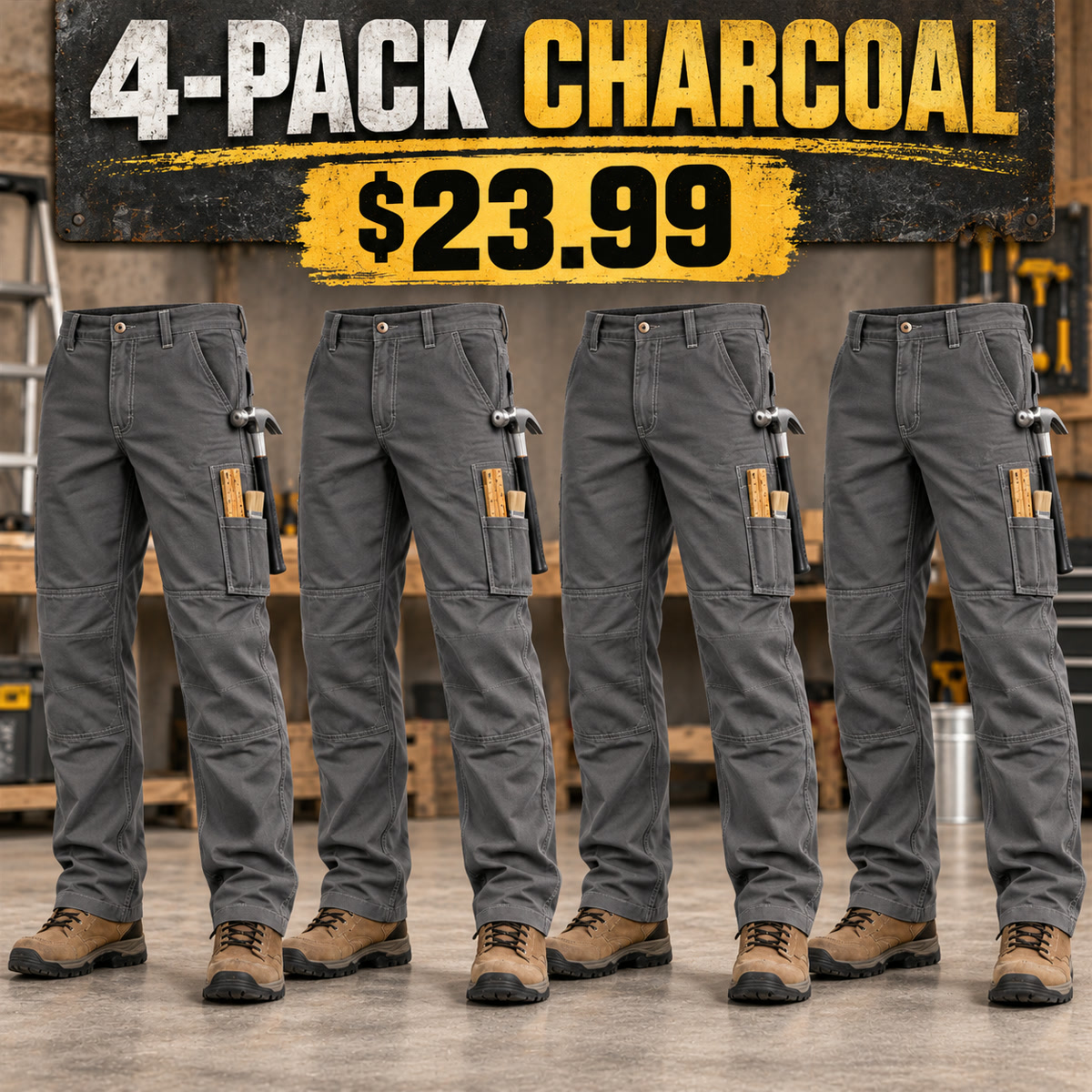 4-Pack - Charcoal Men's Painter & Maintenance Work Pants Multipacks