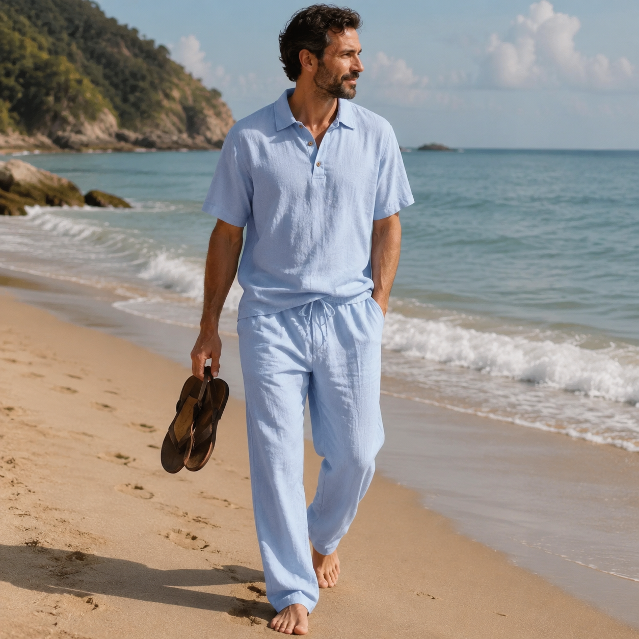 Men's Linen-Blend Two-Piece Polo Sets 7-Pack - Shirt with Shorts or Pants