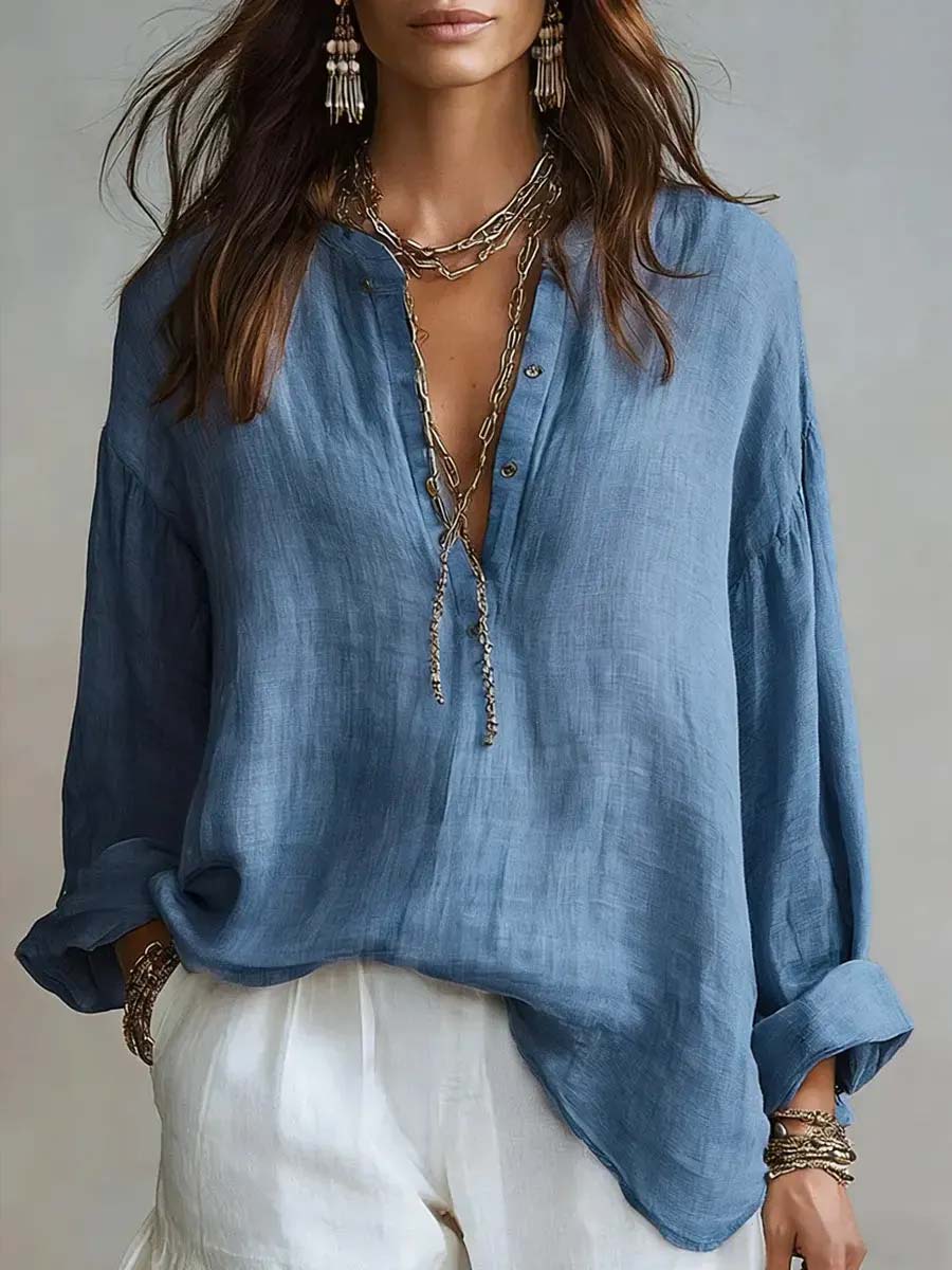 Women's Retro Solid Color Art Casual Cotton Linen Shirt