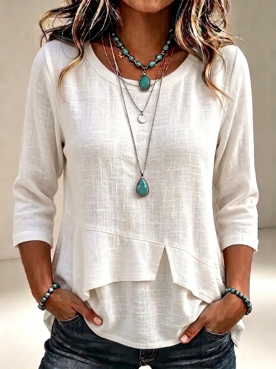 New Arrival🔥 Women'S Elegant Round Neck Cloth Symmetrical Hem Design 3/4 Sleeve T-Shirt
