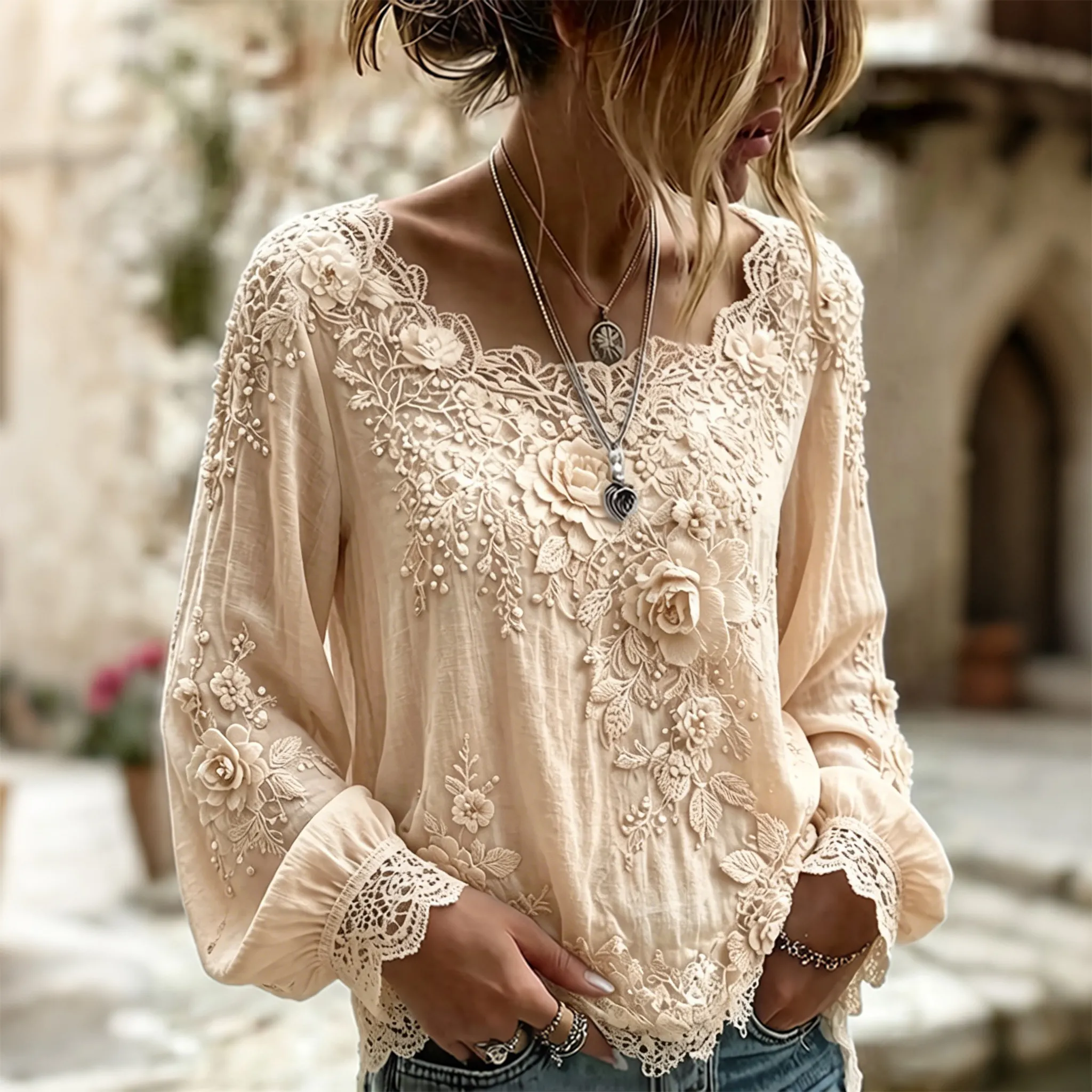 Women's Vintage White Rose Floral Art Flowy Crew Neck Long Sleeve Linen T-shirt