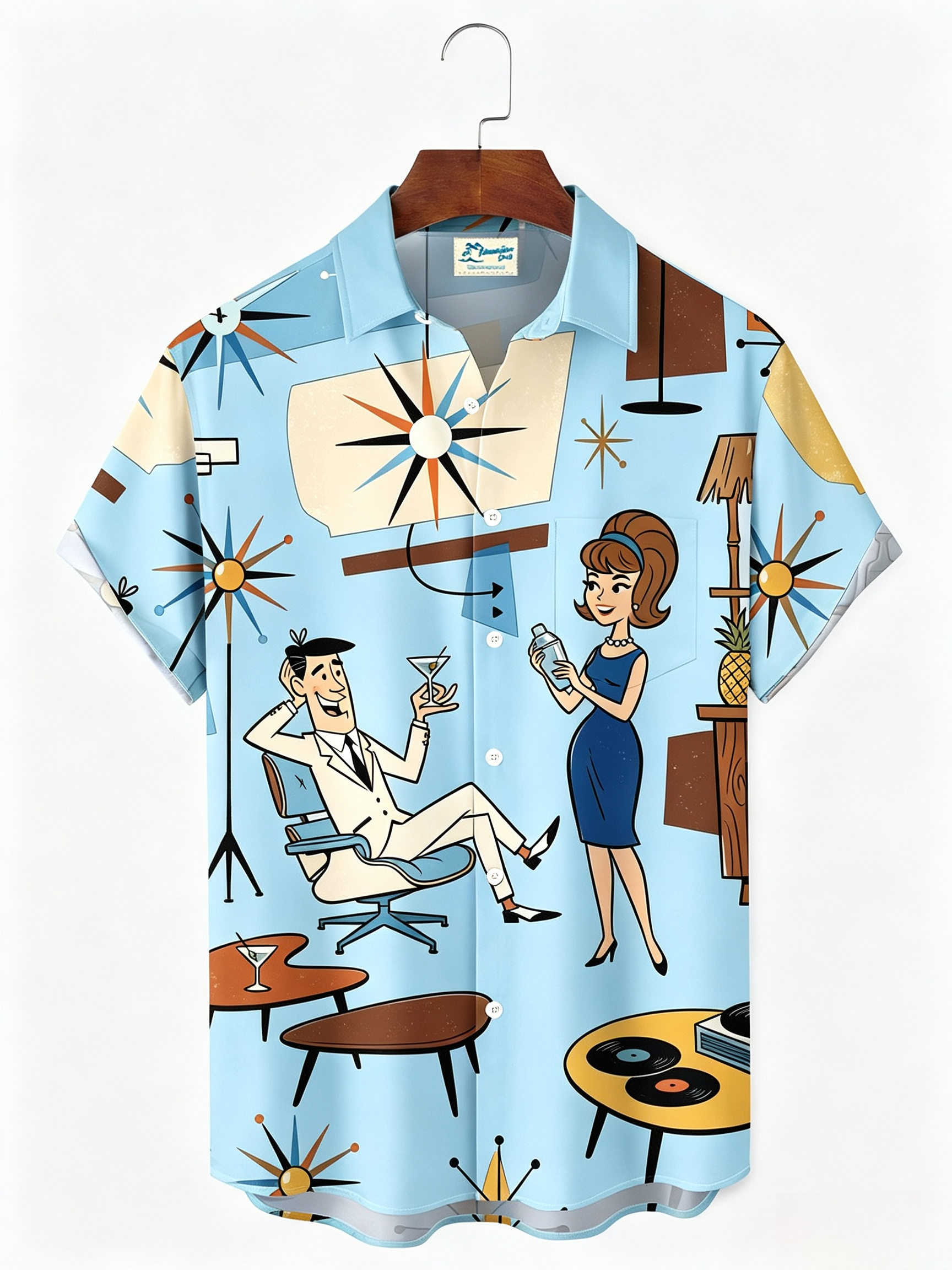 Retro Medieval Atomic Geometry Print Men's Button Pocket Short-Sleeve Hawaiian Big & Tall