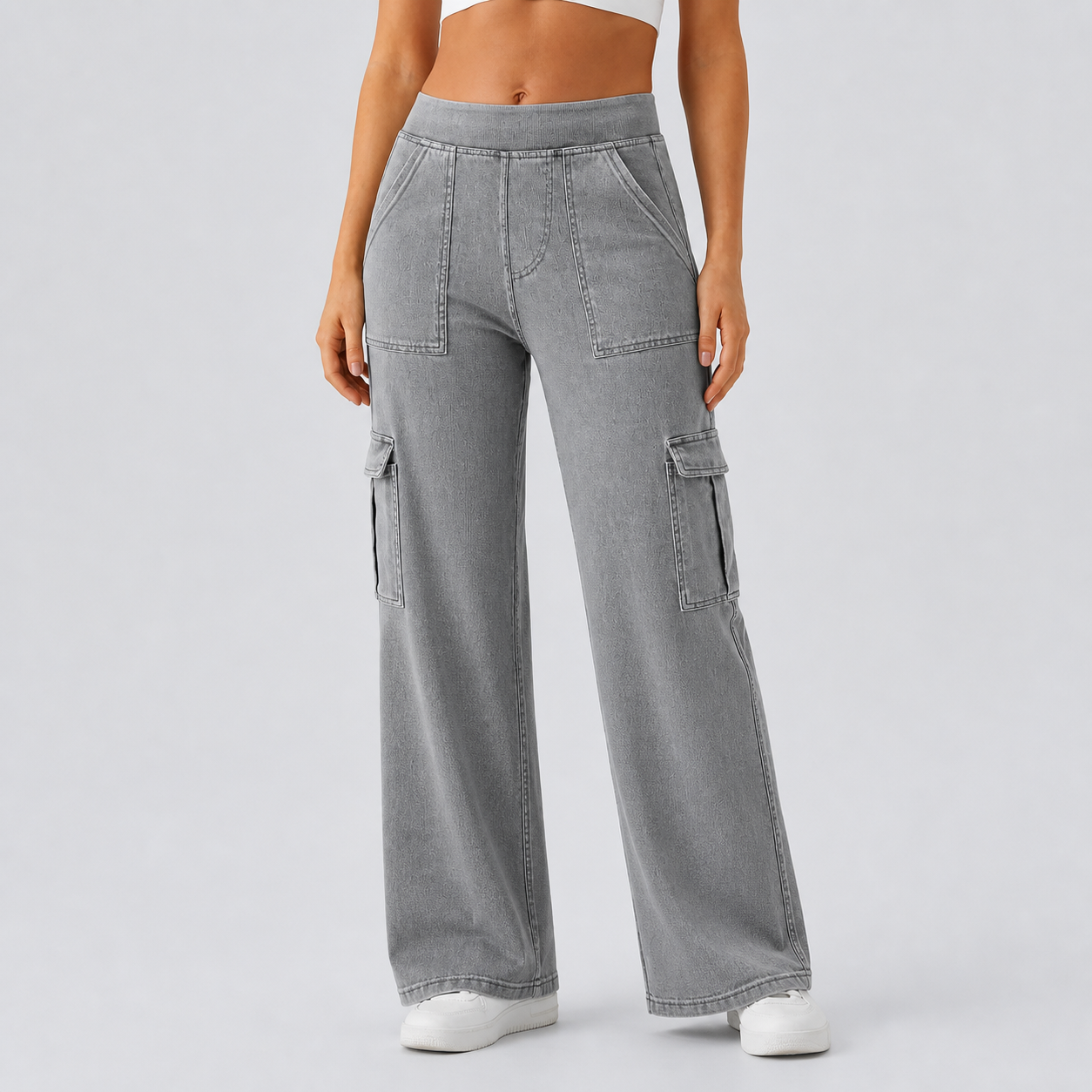 Women's Mid-Rise Stretchy Knit Denim Straight-Leg Cargo Jeans Bundle