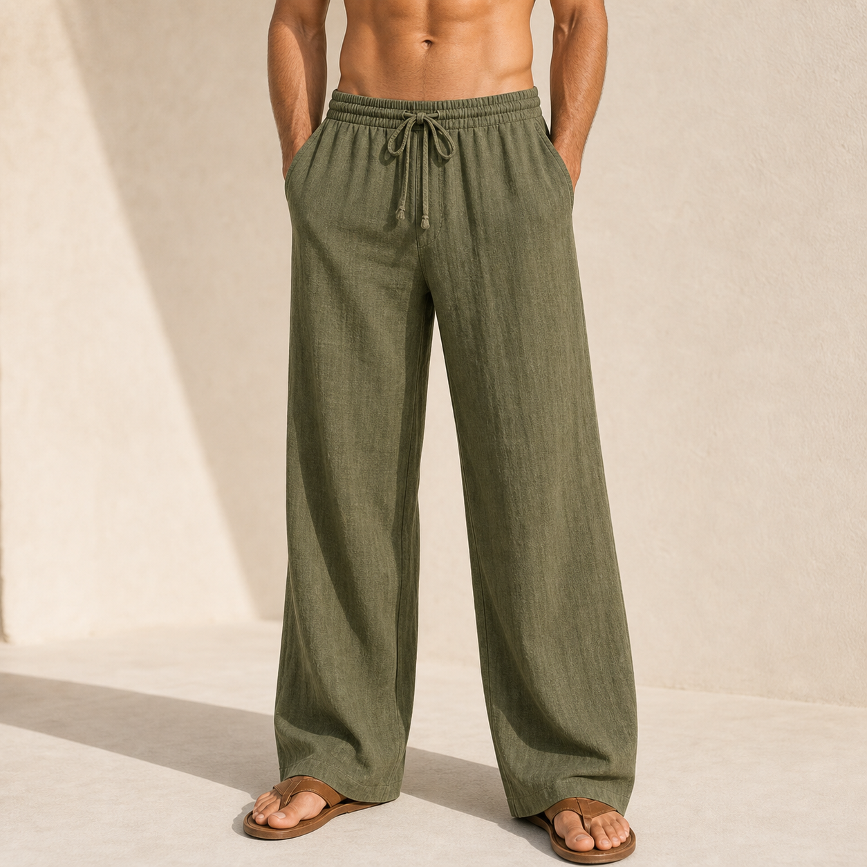 Olive single color linen beach pants model
