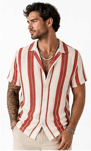 Red Stripe men's striped resort shirt model
