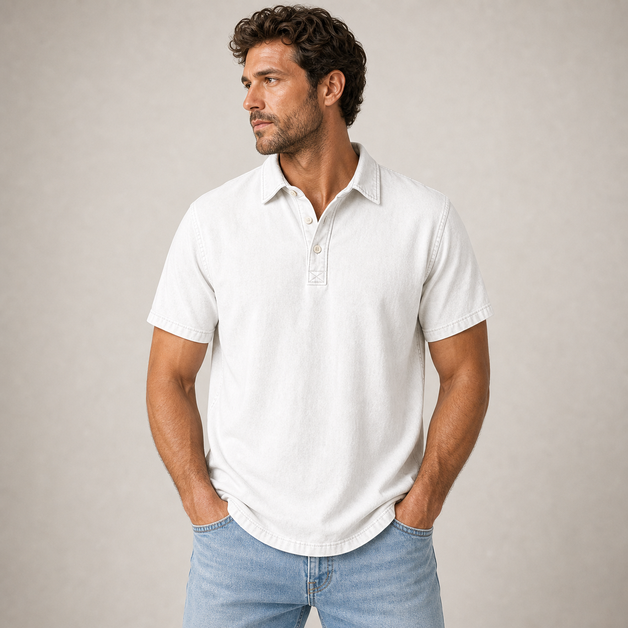 White single color washed denim polo model