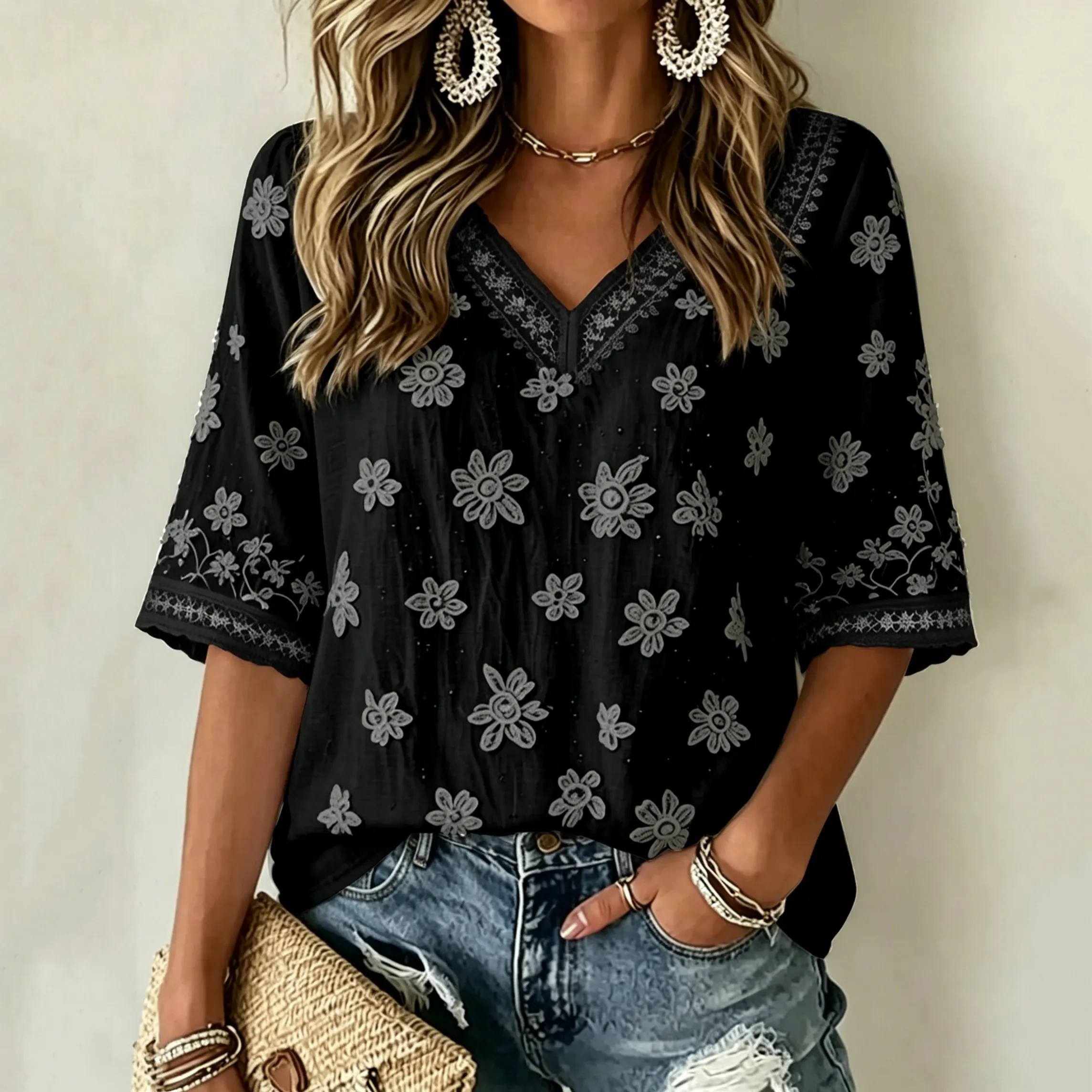 Women's White Rose Art Embroidered Art Flowy Linen Blend Three Quarter Sleeves T-shirt