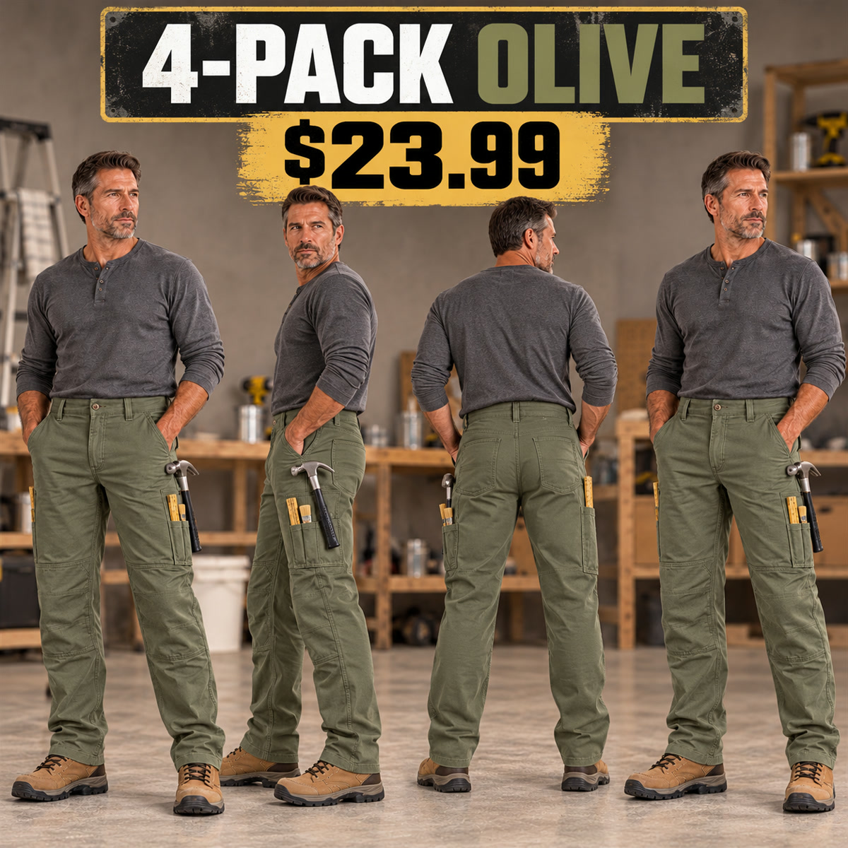 4-Pack - Olive Men's Painter & Maintenance Work Pants Multipacks