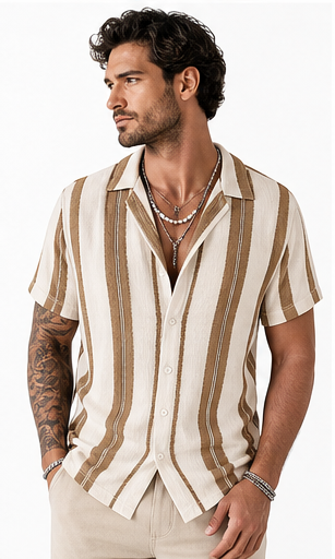 Khaki Stripe men's striped resort shirt model