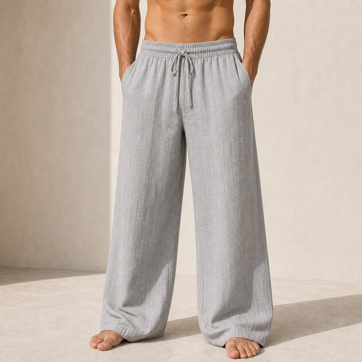 Light Gray single color linen beach pants model