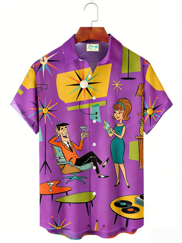Retro Medieval Atomic Geometry Print Men's Button Pocket Short-Sleeve Hawaiian Big & Tall