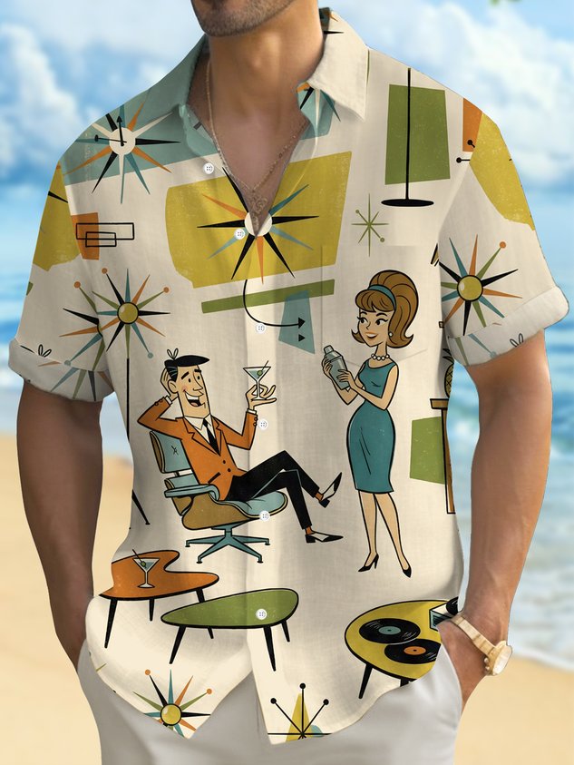 Retro Medieval Atomic Geometry Print Men's Button Pocket Short-Sleeve Hawaiian Big & Tall