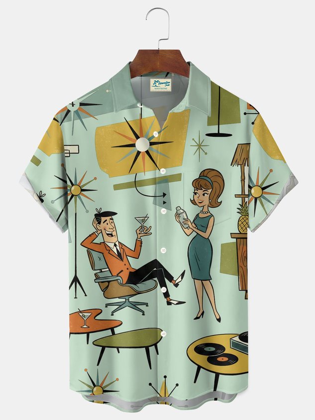 Retro Medieval Atomic Geometry Print Men's Button Pocket Short-Sleeve Hawaiian Big & Tall