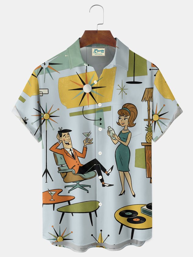 Retro Medieval Atomic Geometry Print Men's Button Pocket Short-Sleeve Hawaiian Big & Tall