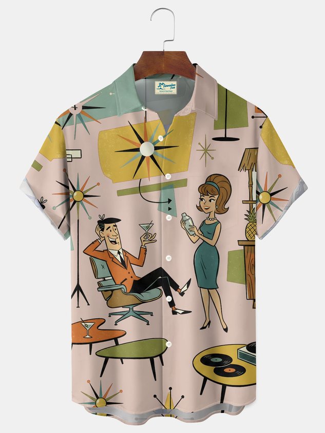 Retro Medieval Atomic Geometry Print Men's Button Pocket Short-Sleeve Hawaiian Big & Tall