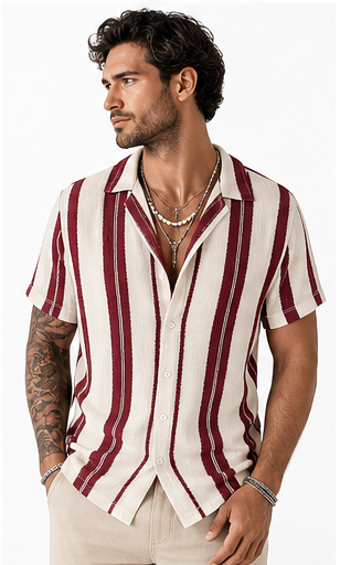 Burgundy Stripe men's striped resort shirt model