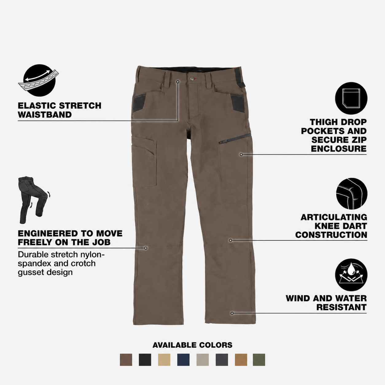 Men’s 8-Pack Stretch Ripstop Work Pants – Water-Resistant Multi-Pocket Outdoor Pants