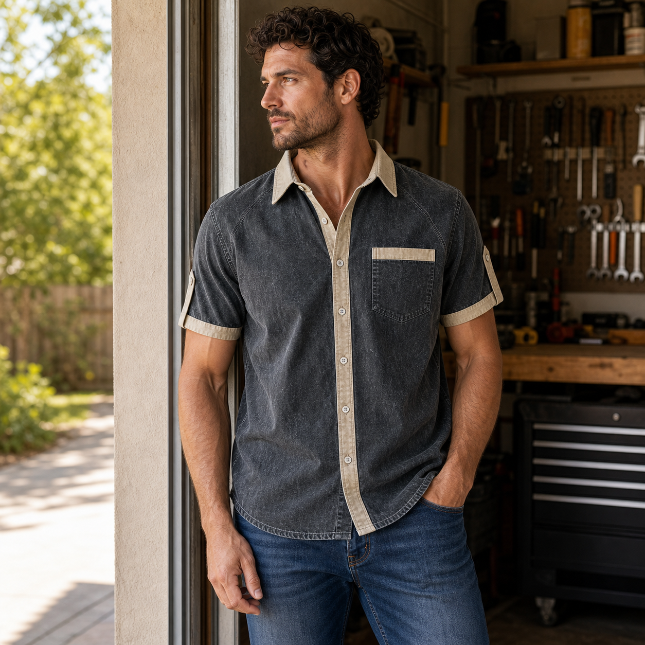 Lifestyle scene wearing contrast trim shirt
