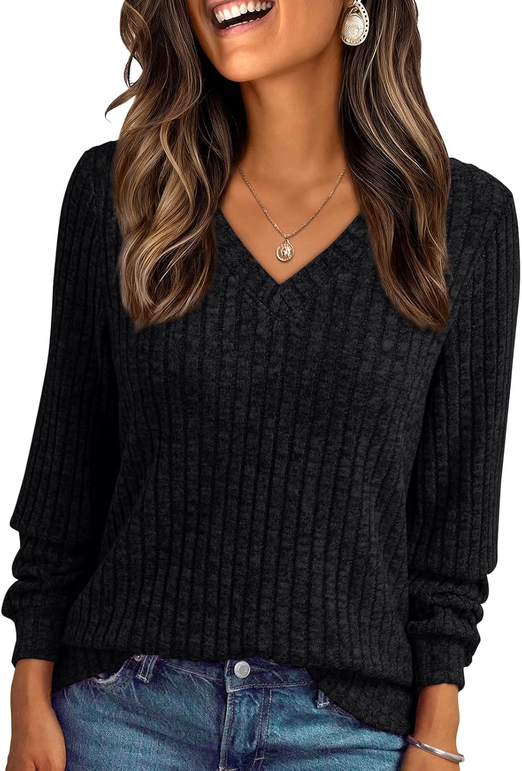 🔥Trendy Women’s V Neck Long Sleeve Tunic Sweater Fall 