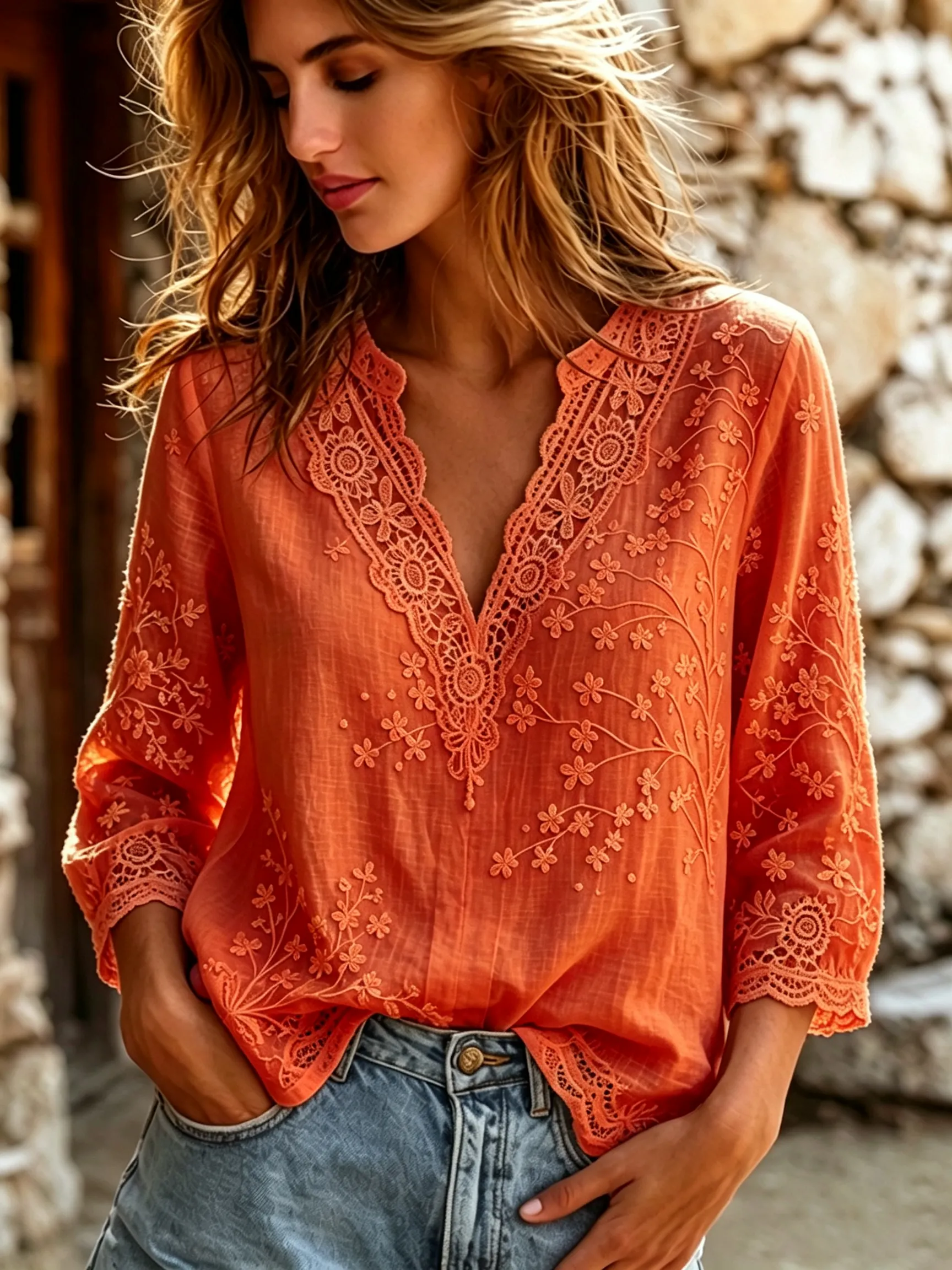 Women's Vintage Floral Art Embroidery Cotton Linen V-neck Long Sleeve Top