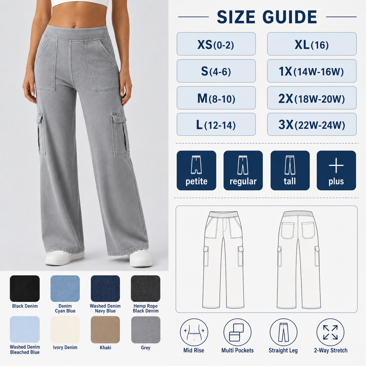 Women's Mid-Rise Stretchy Knit Denim Straight-Leg Cargo Jeans Bundle
