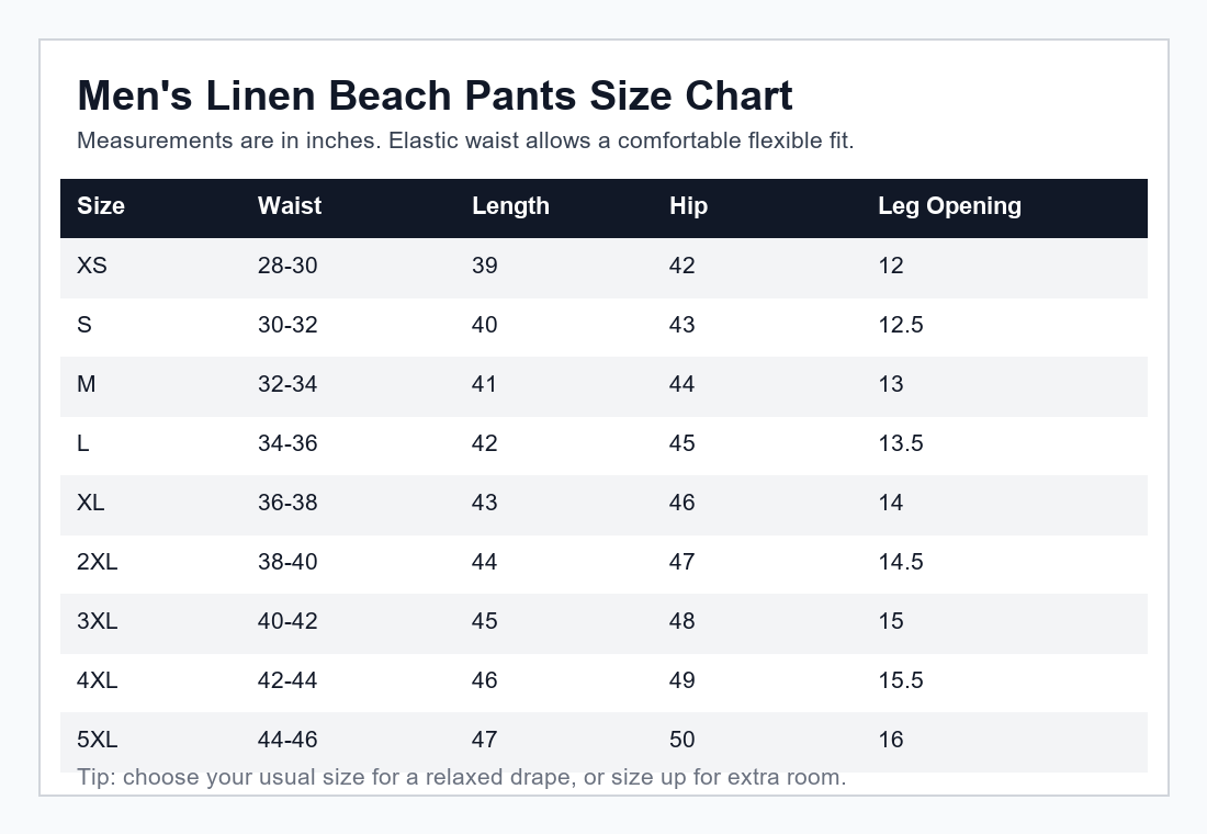 Men linen beach pants size chart