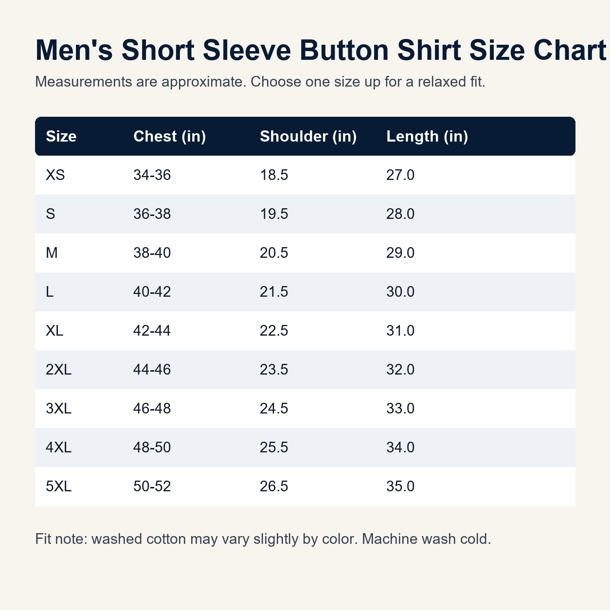 Men short sleeve button shirt size chart