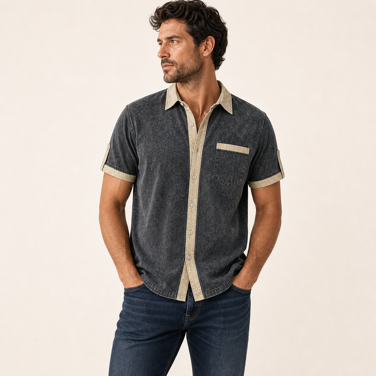 Charcoal single color washed contrast trim shirt model v2