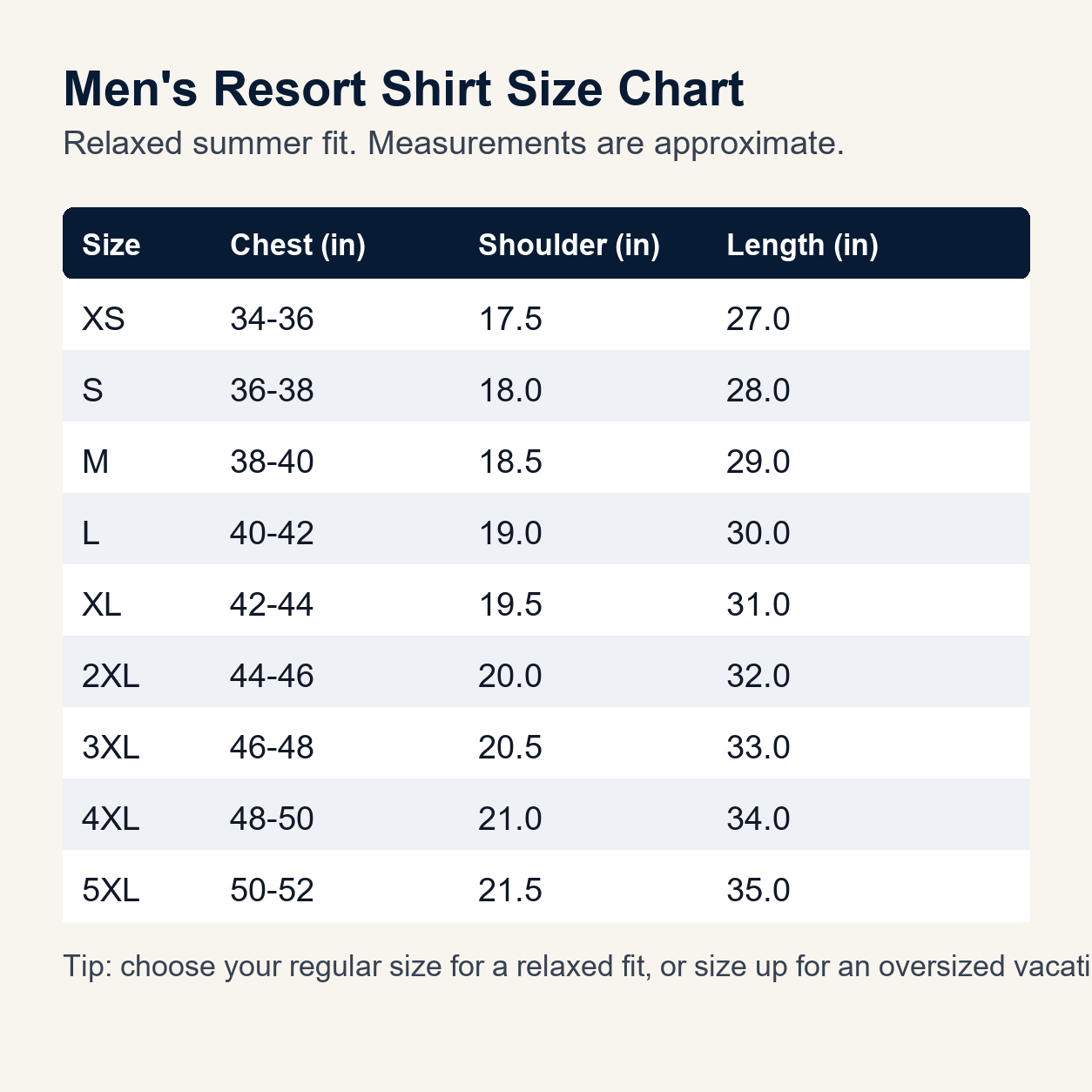 Men's resort shirt size chart