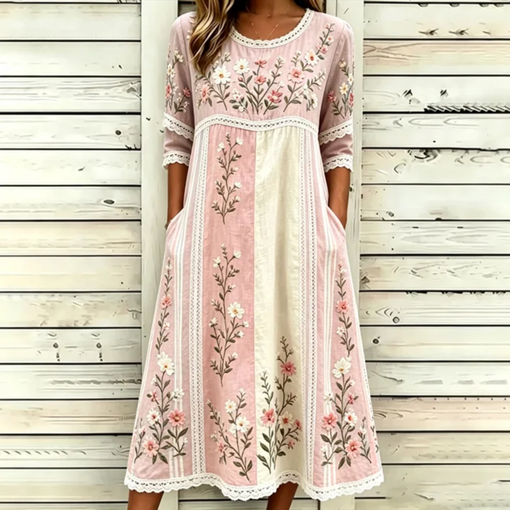 Women's Retro Floral Art Embroidered Patchwork Linen Blend Short Sleeve Dress