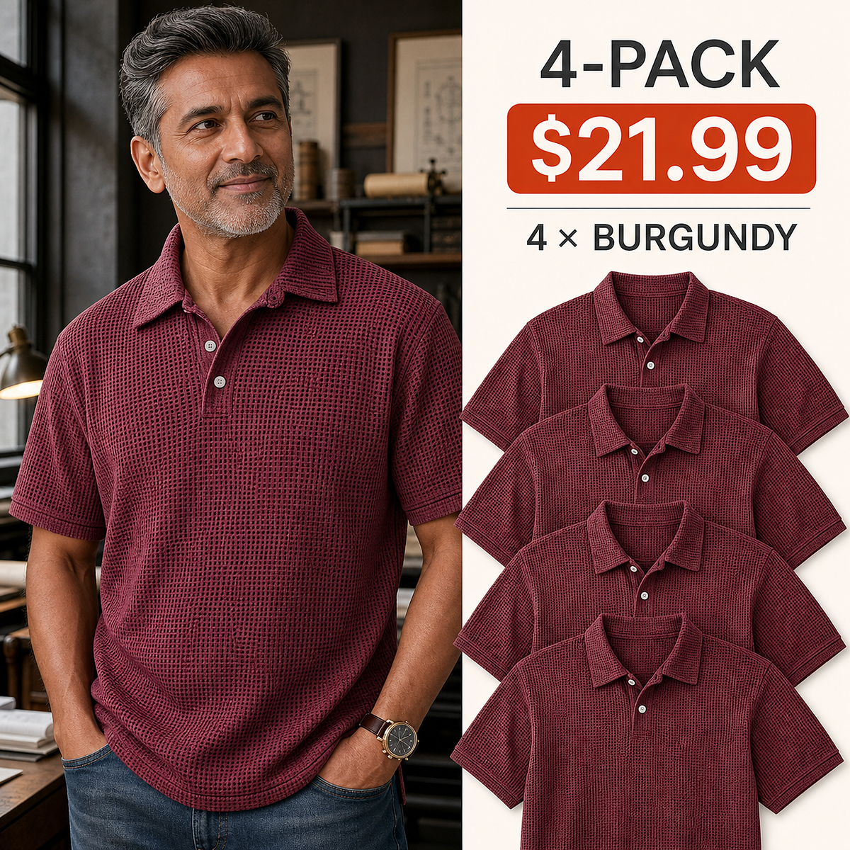 Men's Textured Grid-Pattern Short-Sleeve Polo Shirt