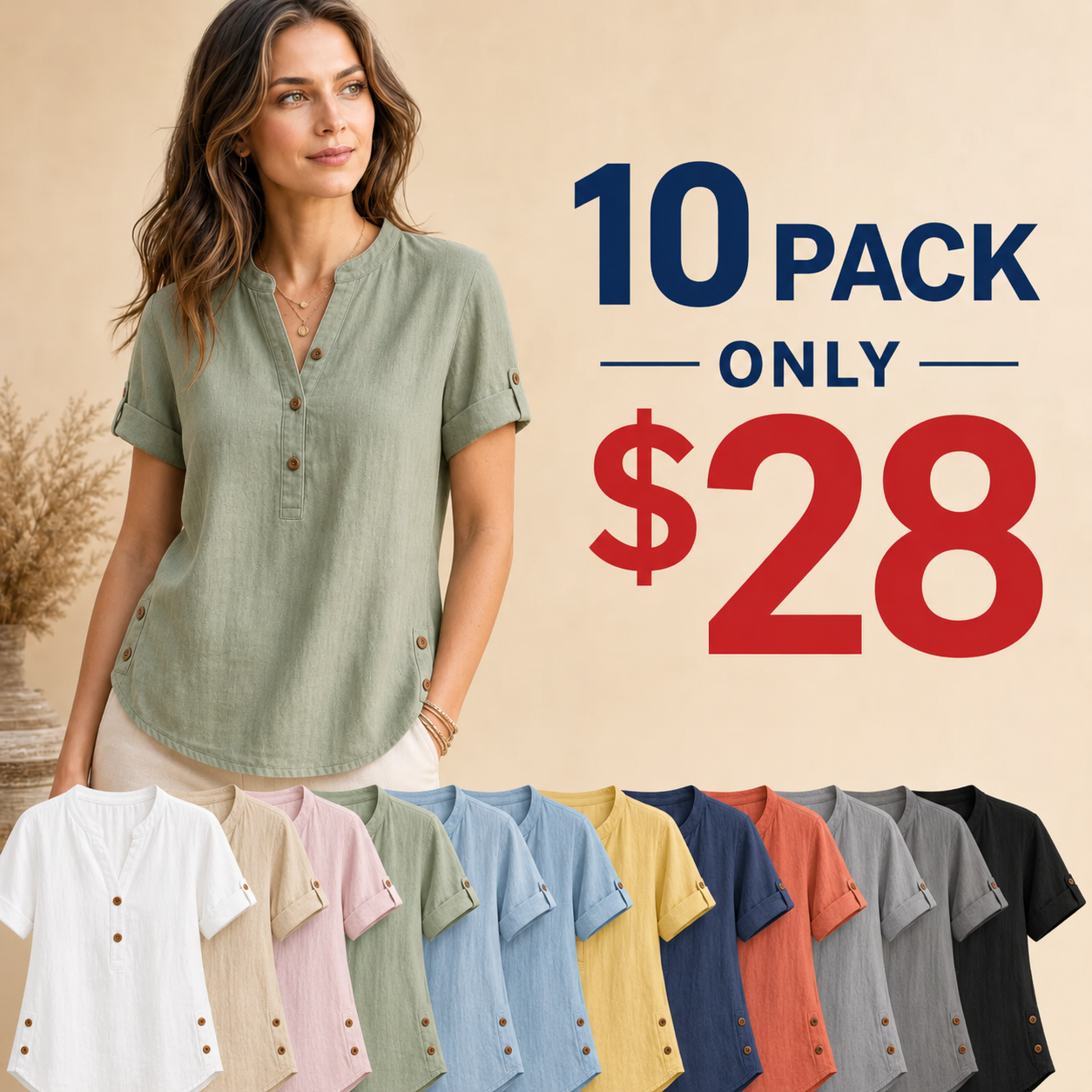 ⏰Warehouse Liquidation Sale⚡10 Pack for $28⚡Women's Linen Mandarin Collar T-Shirt