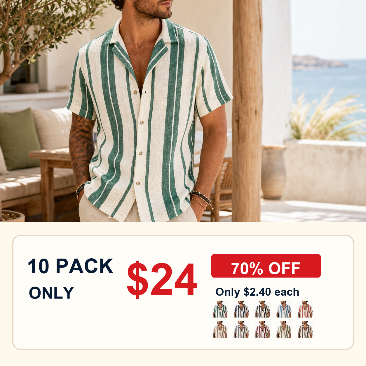 10 pack only 24 dollars men's striped resort shirt clearance