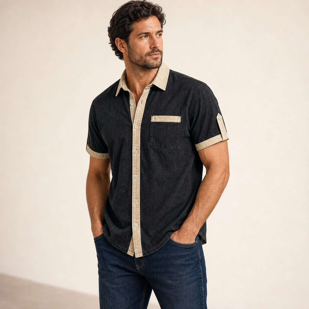 Black single color washed contrast trim shirt model v2