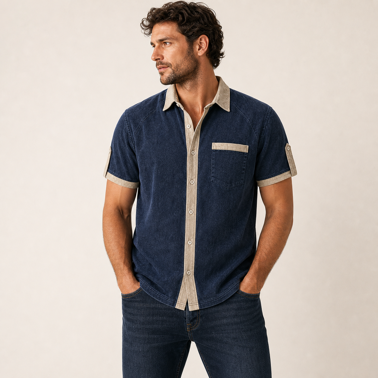 Navy single color washed contrast trim shirt model v2