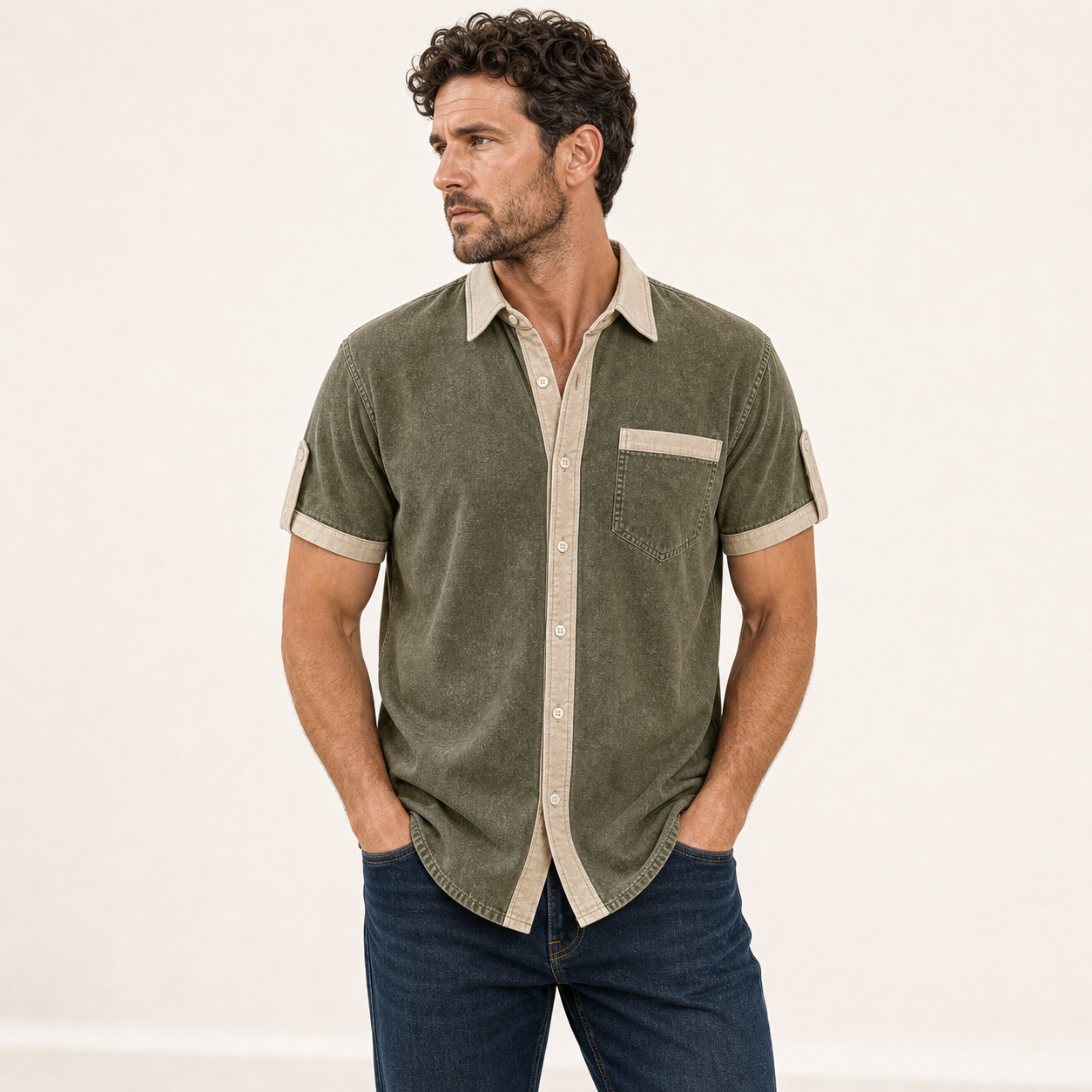 Olive single color washed contrast trim shirt model v2