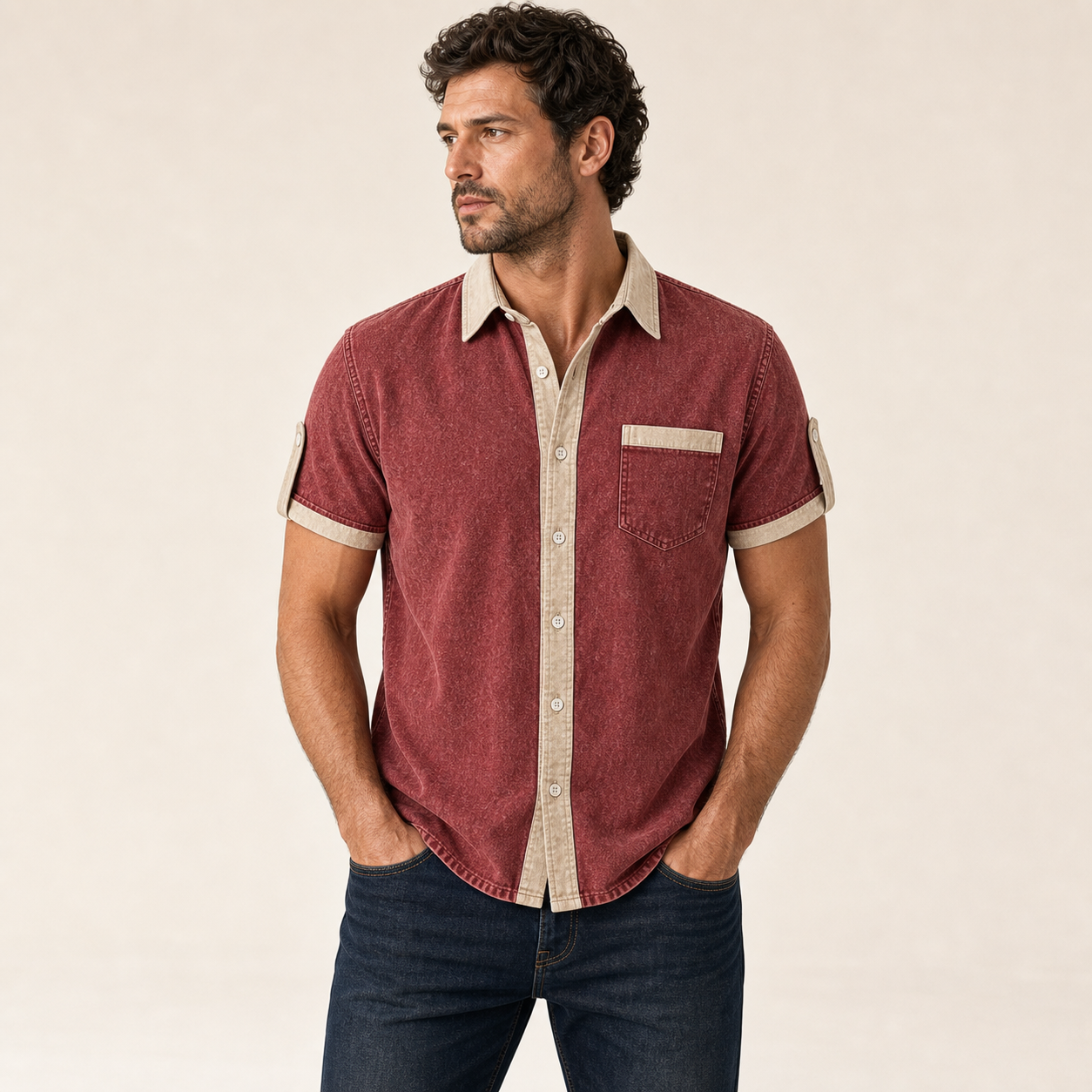 Brick Red single color washed contrast trim shirt model v2