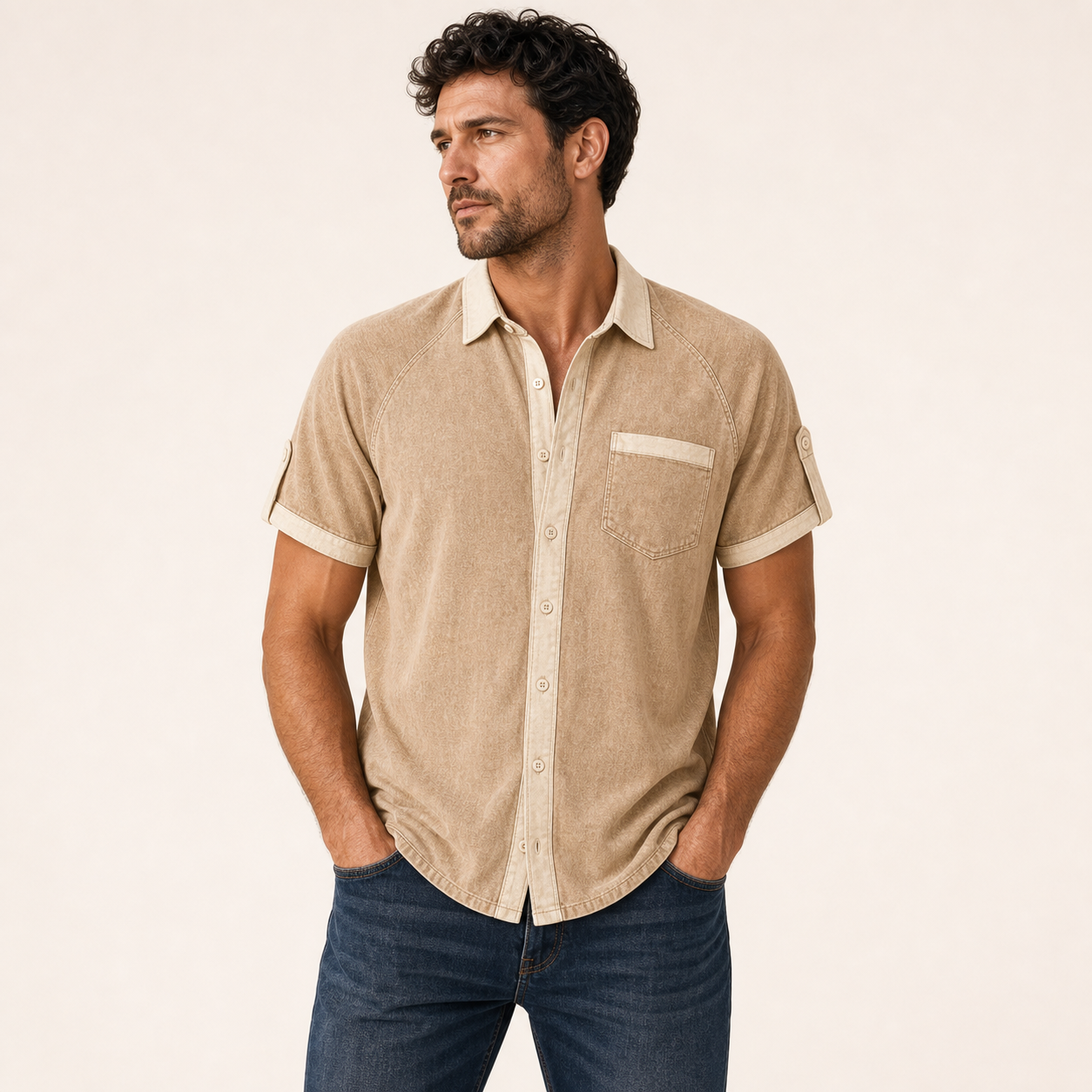 Sand single color washed contrast trim shirt model v2
