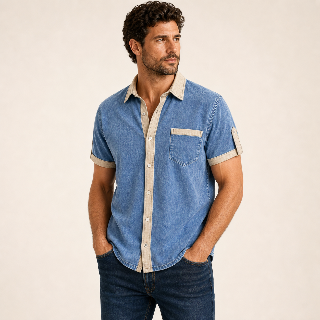 Blue single color washed contrast trim shirt model v2