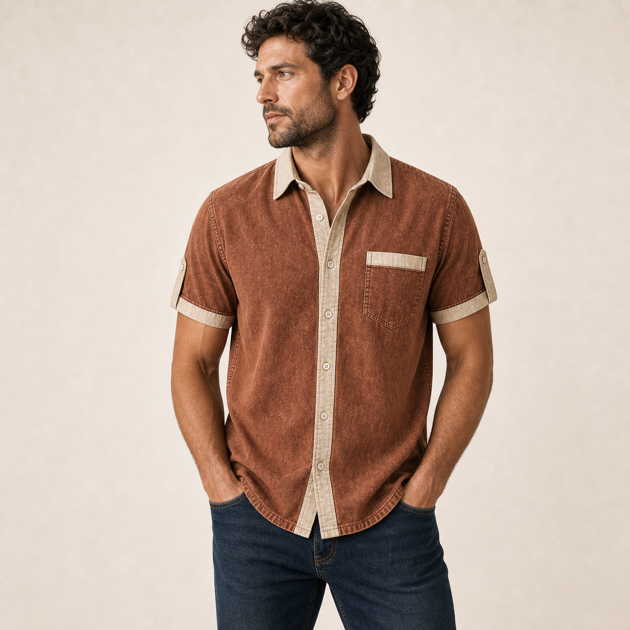 Rust Brown single color washed contrast trim shirt model v2
