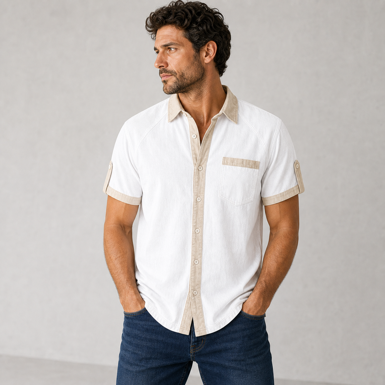 White single color washed contrast trim shirt model v2