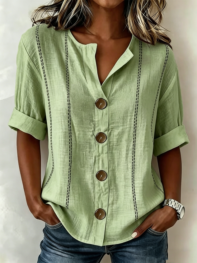 Stand Collar Linen Blend Casual Shirt