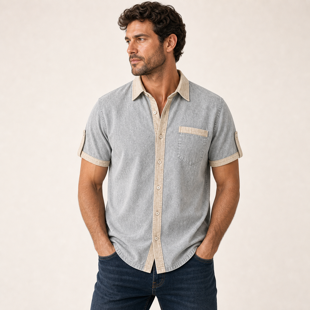 Light Gray single color washed contrast trim shirt model v2