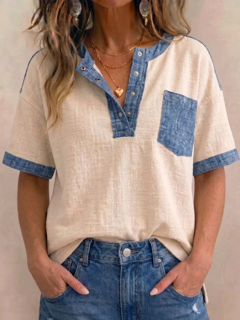 Women's V-neck Short Sleeve Casual Loose Patchwork Top