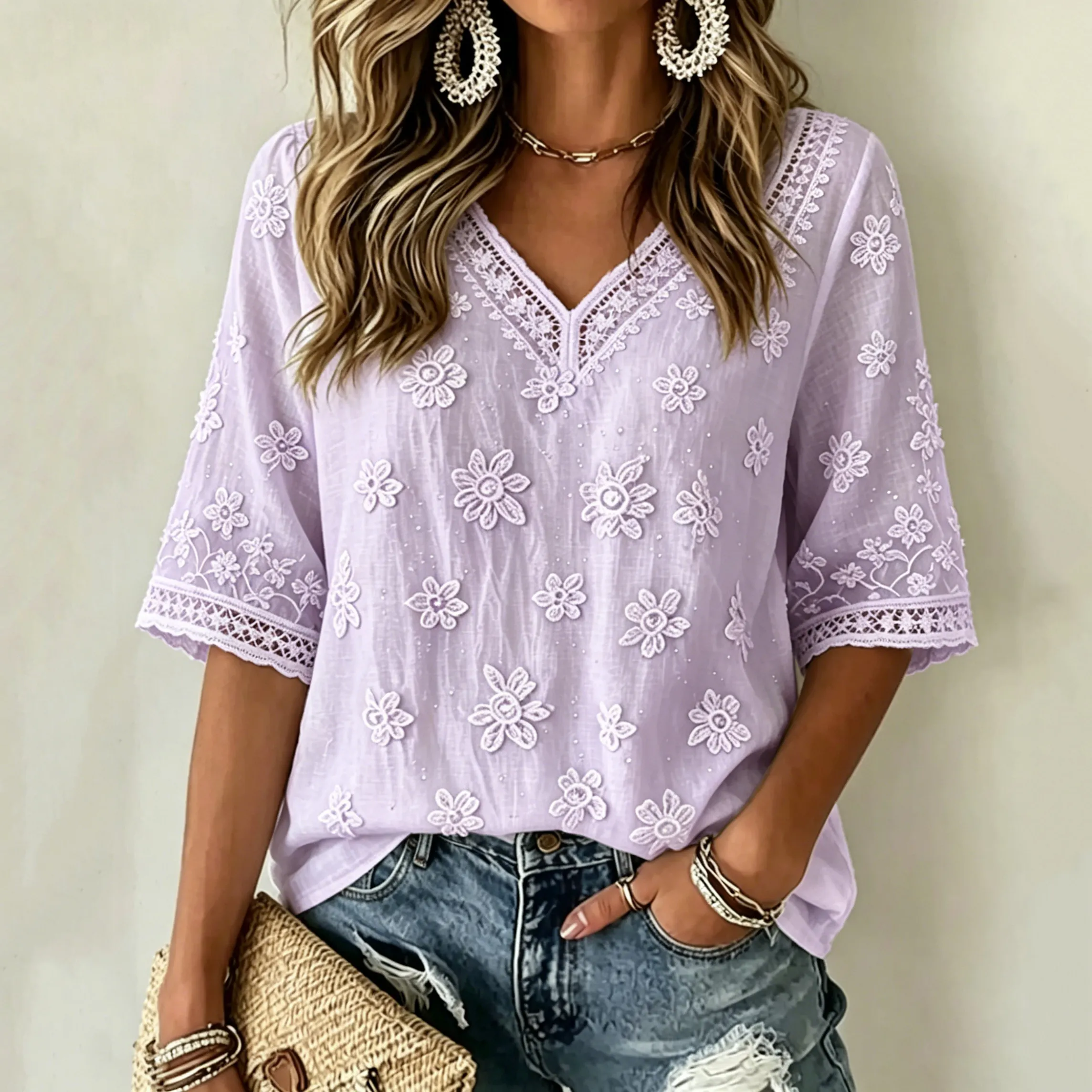 Women's White Rose Art Embroidered Art Flowy Linen Blend Three Quarter Sleeves T-shirt