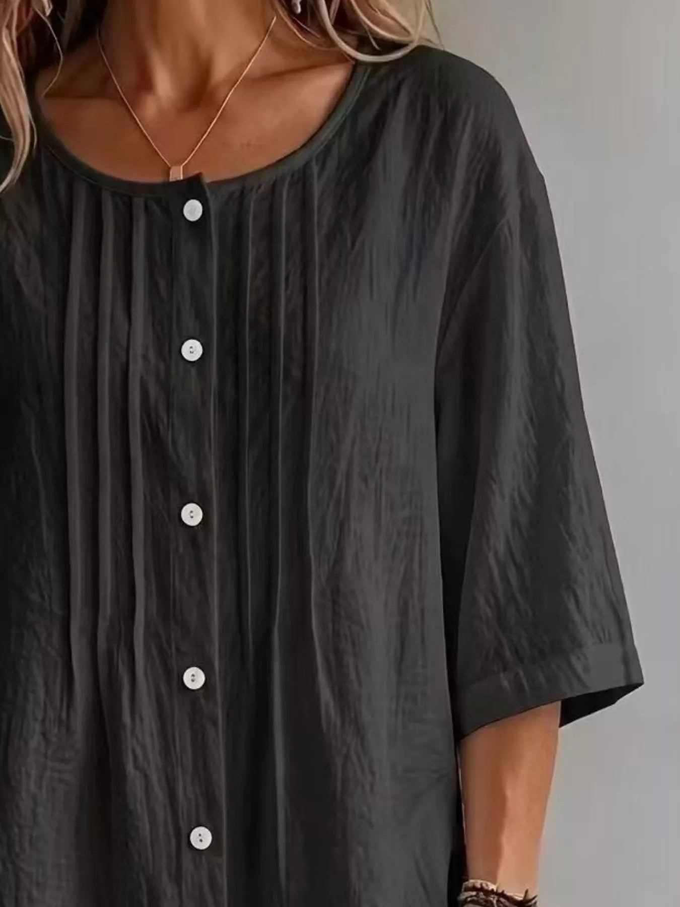 Women's Full Size Cotton Linen Texture Round Neck 3/4 Sleeve Blouse