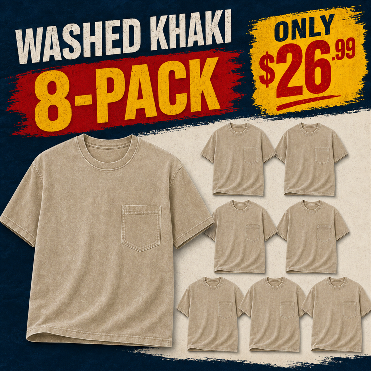 Washed Khaki Beige 8-Pack