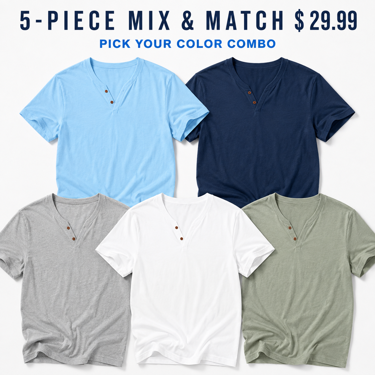 Men's Two-Button V-Neck Short-Sleeve Henley T-Shirt - 5 Piece - Classic Color Set - 26.99 $