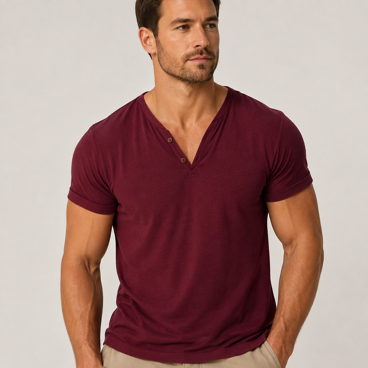 Men's Two-Button V-Neck Short-Sleeve Henley T-Shirt - 5-Piece Burgundy Set - 26.99 $
